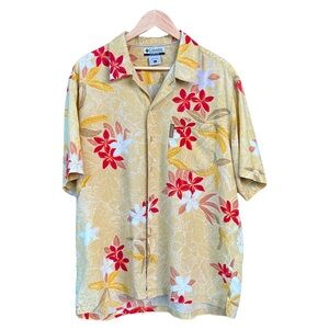 Columbia Mens Large Linen Cotton Blend Button-Down Hawaiian Mustard Floral Shirt